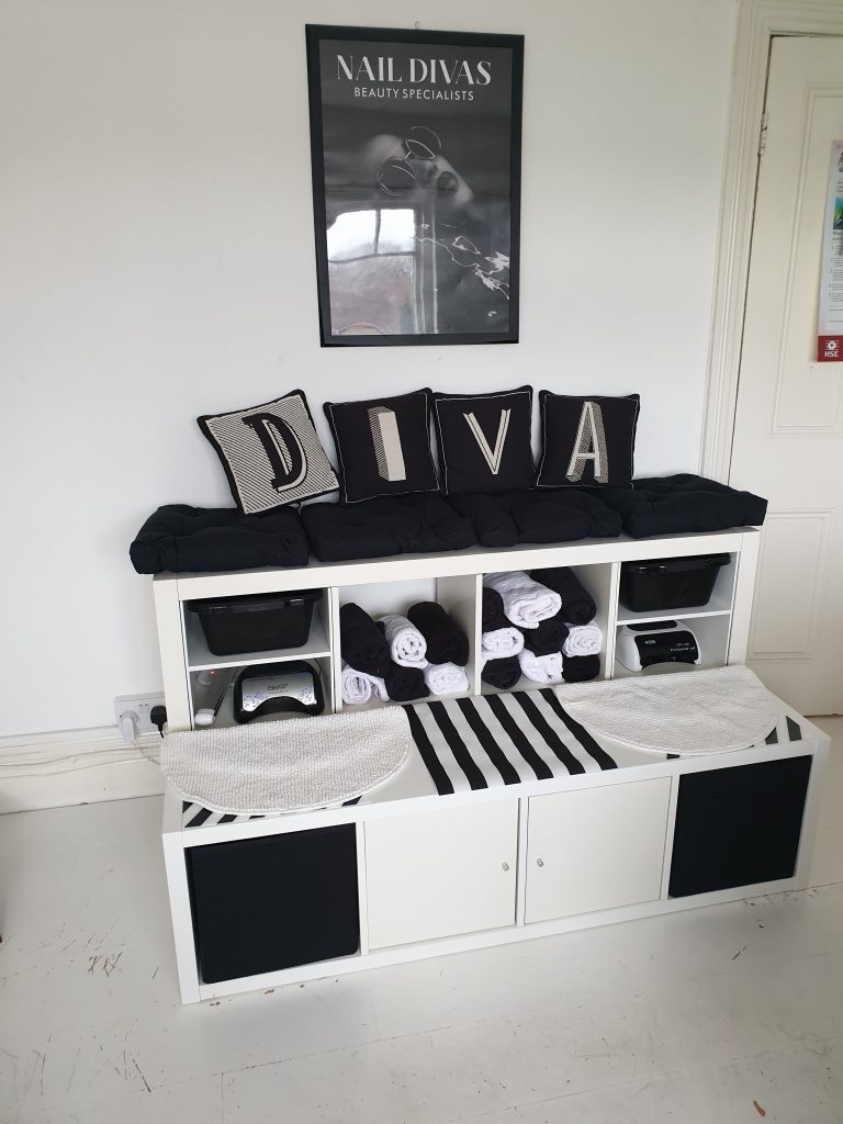 A stylish pedicure station in monochrome colours for Nail Divas salon.
