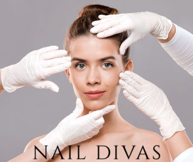 Beauty Treatments – Transform Your Look with Nail Divas Beauty Clinic, Whitchurch Cardiff. Image shows a model surrounded by gloved hands about to perform treatments